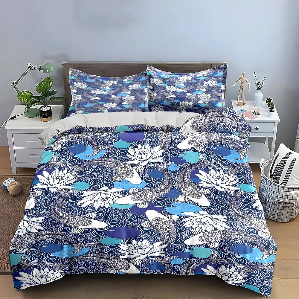 Koi Fish Lotus Decor Set Soft Comfortable Duvet Cover Bedding Set Included 1*Duvet Cover & 2*Pillowcases, gift