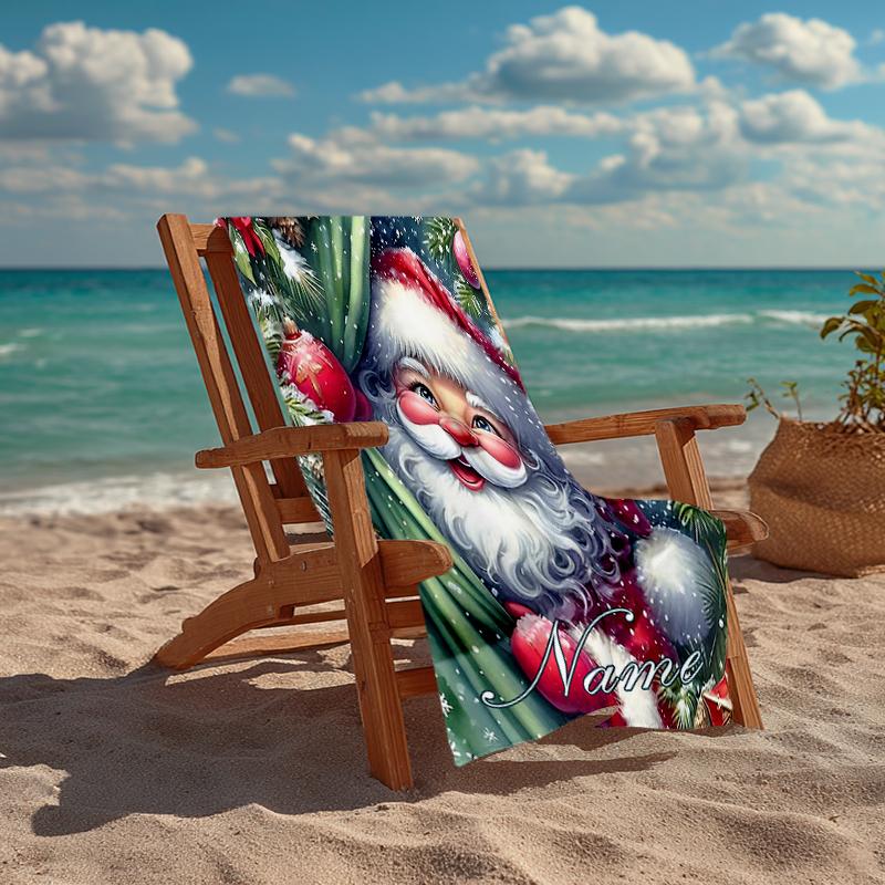 Custom Name Ultra-Soft Beach Towel with Christmas Santa Claus Theme,Ideal for Pool - Camping, Diving - Perfect Travel Essential, Vibrant Beach Towel.