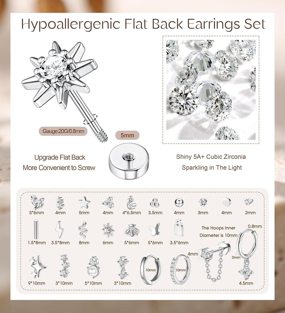 Серьги Bobisty 1 шт. для чувствительных ушей, серьги из хирургической нержавеющей стали для женщин, изящные серьги-гвоздики с плоской застежкой для хряща уха.