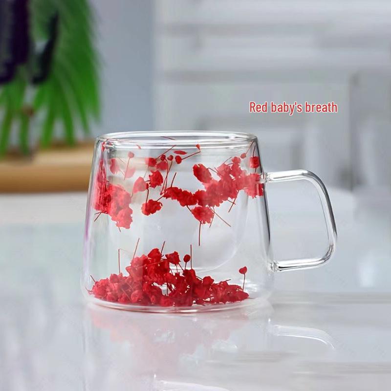 High Aesthetic Double-Layer Glass Cup with Real Dried Flowers