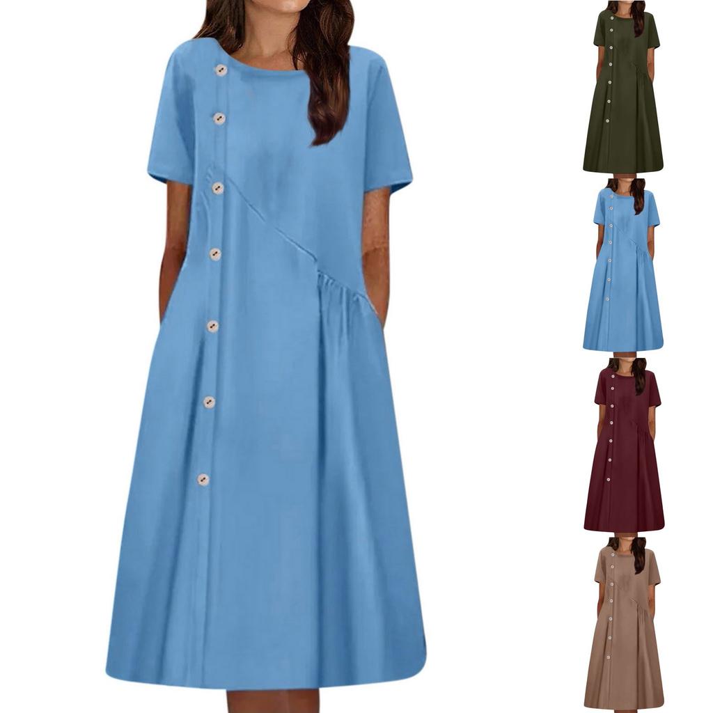 Women's Solid Round Neck Short Sleeve Button Decorative Waist Pocket Dress Pocket Dress