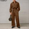 Oversized Men Lapel Neck Long Sleeve Belt Waist Casual Loose Long Rompers Jumpsuits