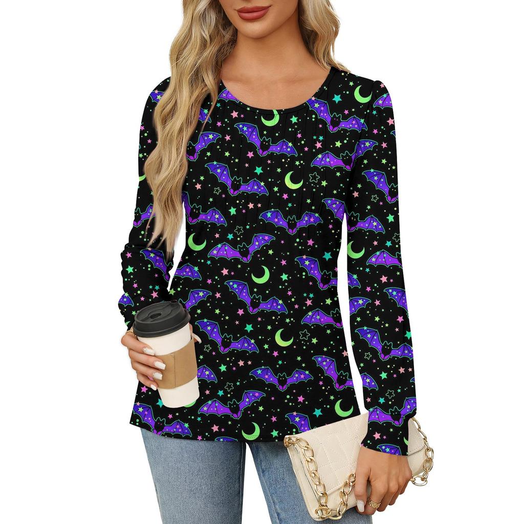 Long Sleeve Shirts For Women Cute Print Graphic Tees Blouses Dressy Casual Blouses Pleated Scooped Neck Tunic Tops Halloween