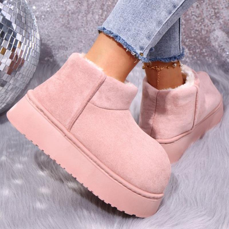 Fashion Sweet Pink Faux Suede Snow Boots Women Winter Warm Short Plush Ankle Boots Woman Korean Non Slip Platform Booties Female