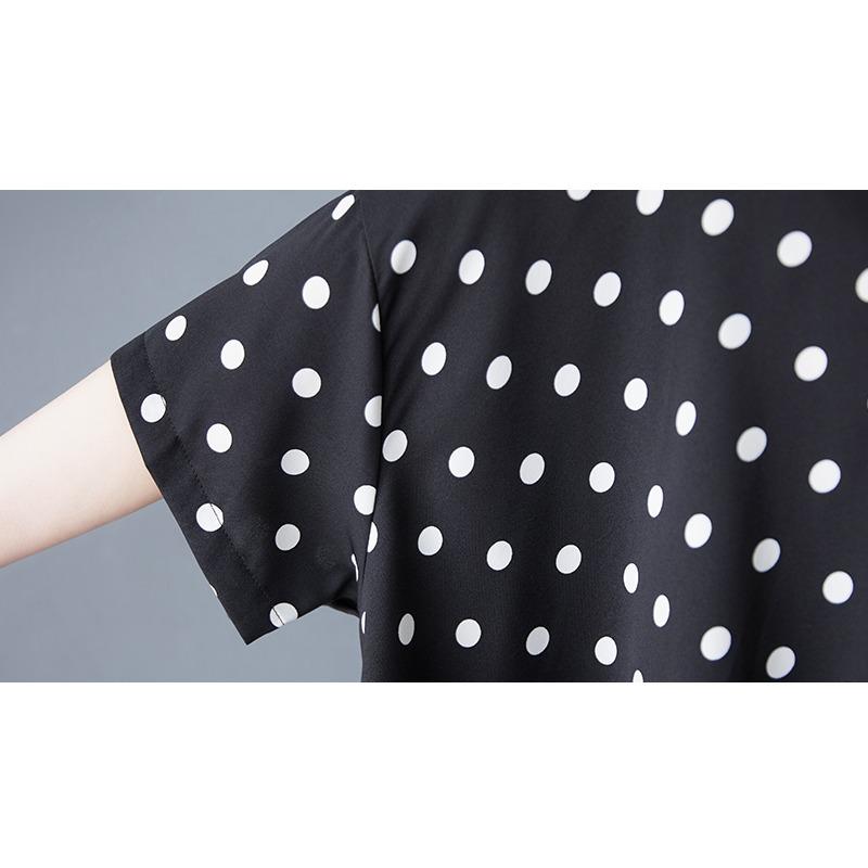 DIMANAF 2025 Большой размер Новая летняя блузка Короткий рукав Повседневные длинные рубашки Женские свободные топы Футболки В горошек