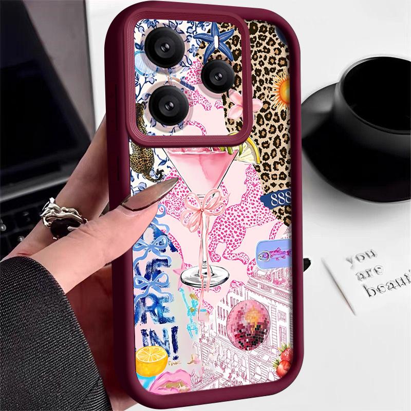 Pink Goblet Bowknots Disco Ball Pattern Case For Xiaomi Redmi Note 14 13 Pro 5G 4G 12 11 Funda Xiaomi 14T 13T 11T Pro Shockproof Bumper Silicone Cover