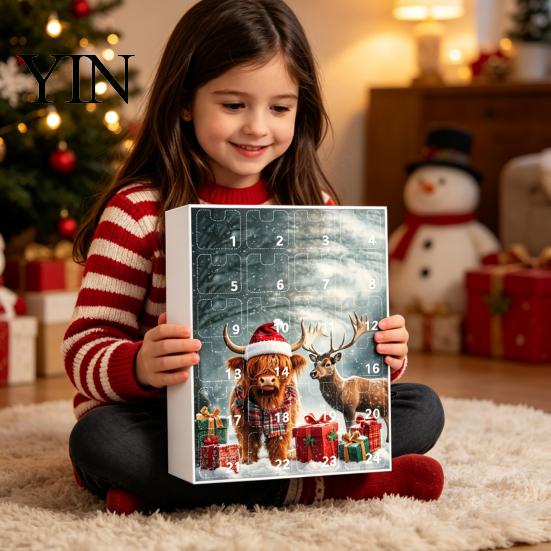 Decorative Acrylic Ornaments for Windows Doors Christmas Advent Calendar, 24 Day Countdown Box with Highland Cow Hanging Tree Pendants, Festive Decor,