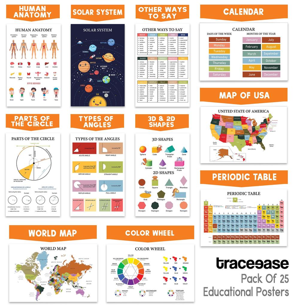 Traceease Educational Poster For Elementary School, Pack Of 25 Large 11 X 17 Inches Laminated Kids Learning Posters