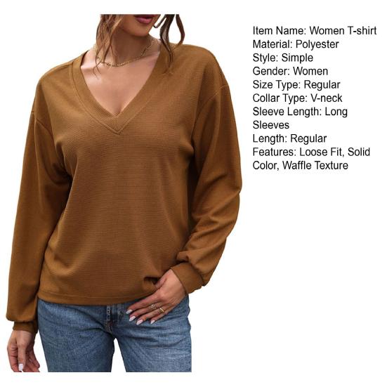 Женская футболка с V-образным вырезом и длинным рукавом, однотонная свободная футболка, мягкий эластичный пуловер, топы на каждый день
