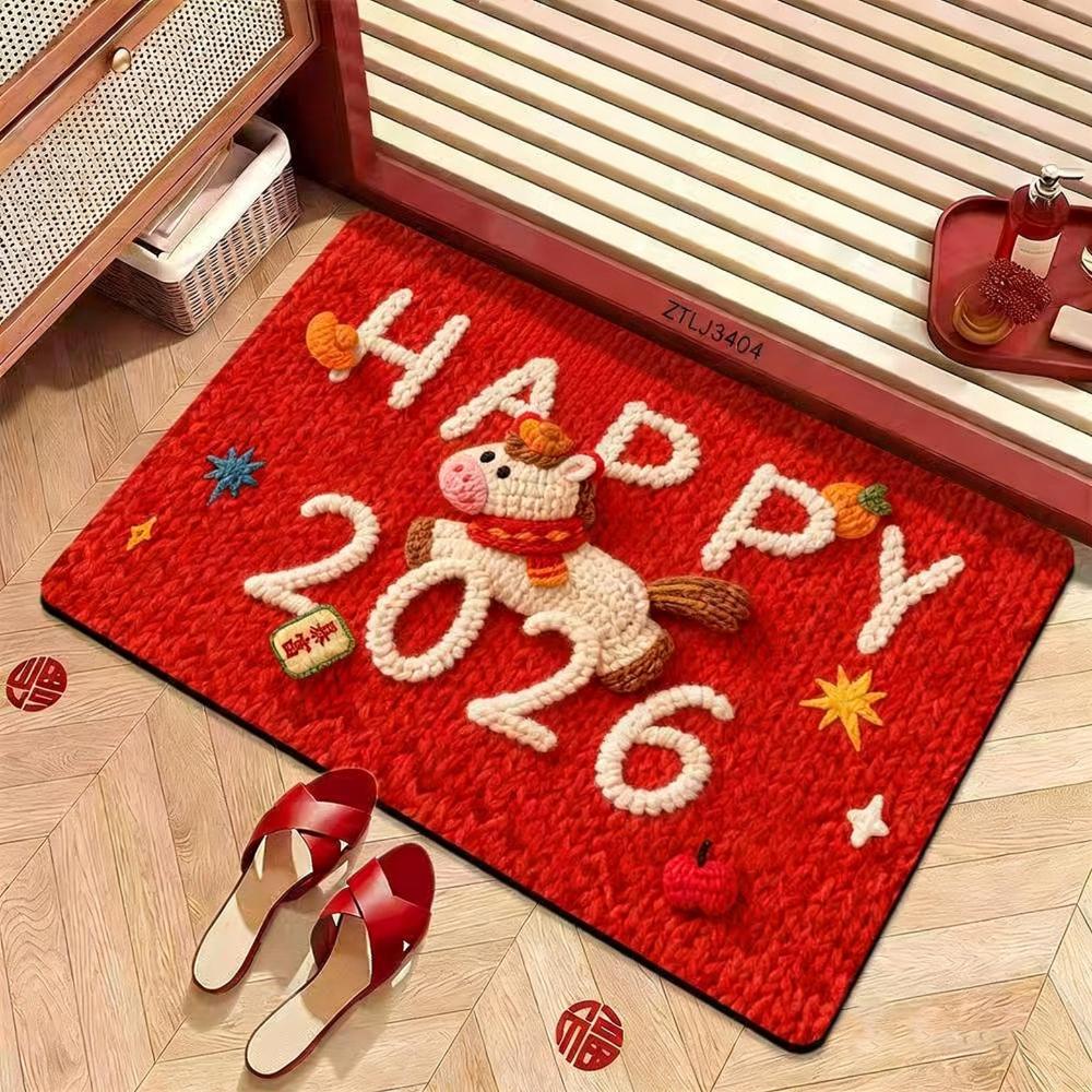 Cute Horse Pattern New Year Door Mat Red Non-slip Door Carpet Water Absorption Soft Blanket Home Decorations
