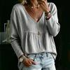 New autumn women's lace V-neck pullover solid color casual long-sleeved top