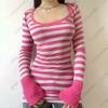 Women's Knitted Pink Striped T-shirt Spring and Autumn New Long Sleeve Casuals Sexy Fashion Slim Crop Tops Versatile Street Wear