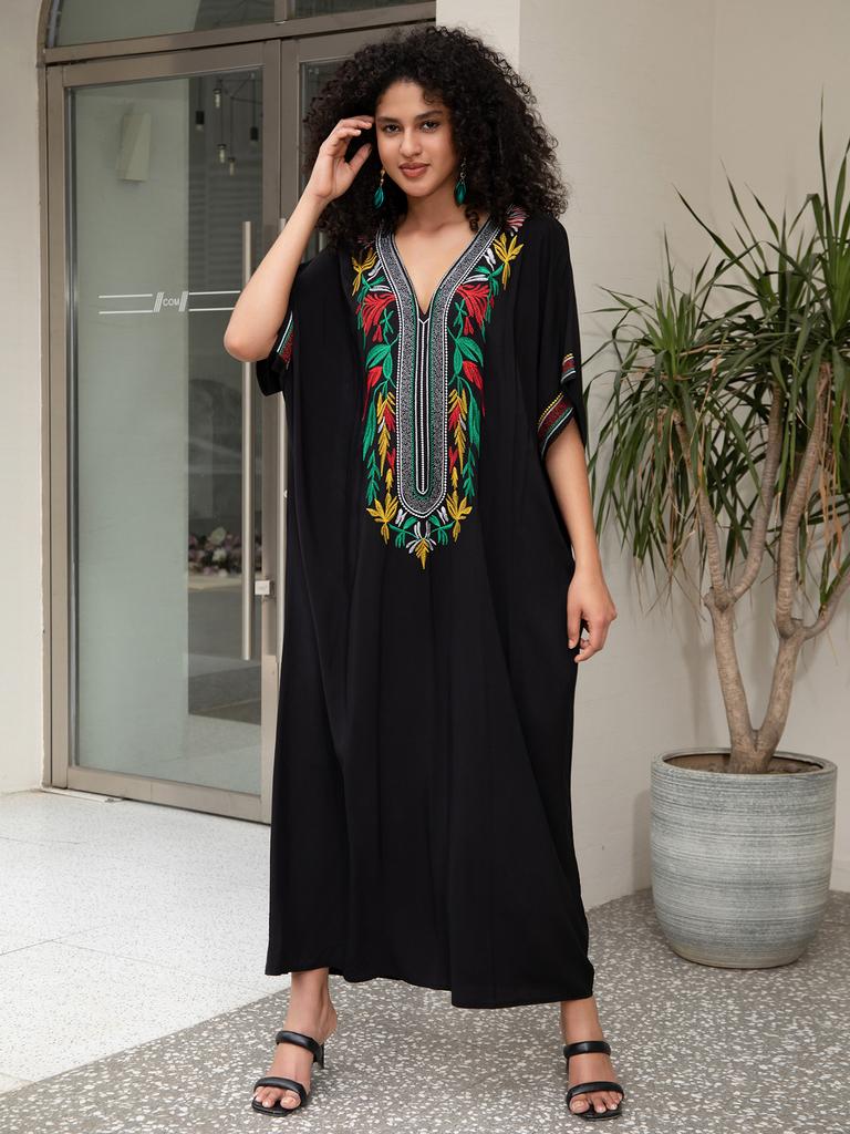 Black Maxi Dresses Women Summer Embroidery Viscose Holiday Cover Ups for Swimwear Beachwear Bathing Suits