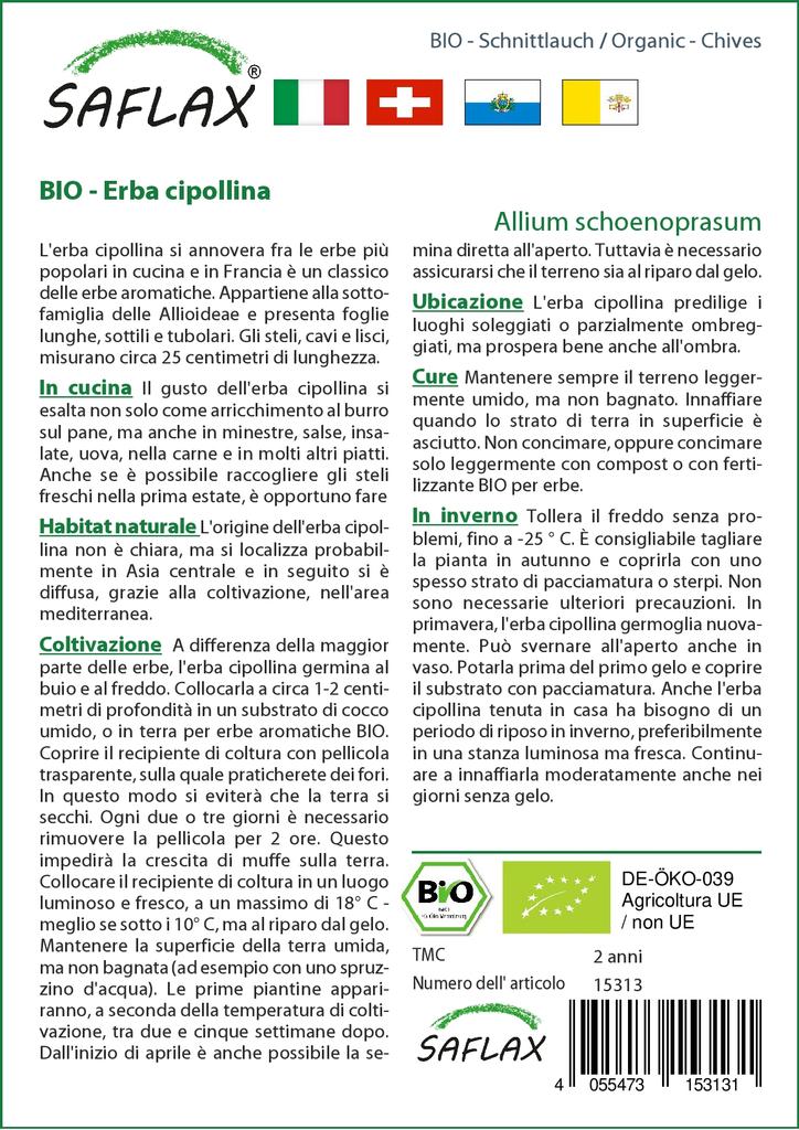 SAFLAX Сад в сумке - Органический - Зеленый лук - 250 семян - С субстратом в подходящей устойчивой сумке - Allium schoenoprasum