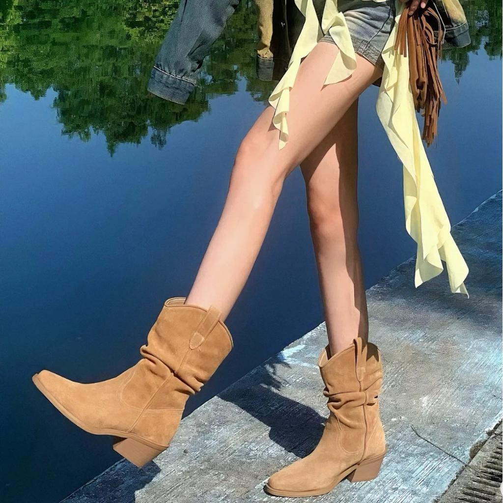 Cowhide Version~ Zhao Silu Retro Medium Tube Knight Boots Matte Pointed Thick Heel Versatile V Boots Thin Pile Boots Women