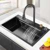 Multifunction Black Nano Kitchen Sink Waterfall Faucet Large Single Bowl Cup Washer Pure Tap Soap Dispenser 304 Stainless Steel