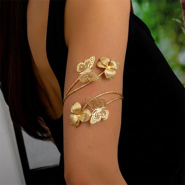 Boho Elegant Enamel Butterfly Flower Arm Cuff Bangle for Women Gold Color Adjustable Spiral Design Upper Arm Bracelet Jewelry