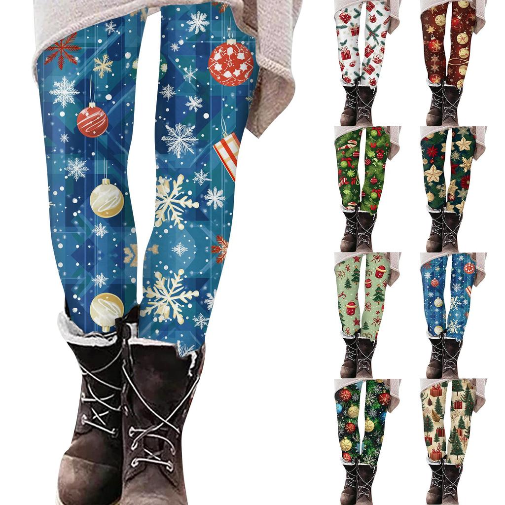 Women's Casual Christmas Tree Snowflake Print Slim Fit Elastic Yoga Pants Cropped Pants