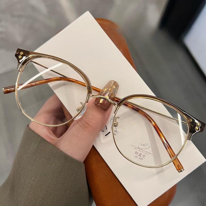 Fashionable Retro Metallic Street Shot Flat Glasses Tide Cat Ears Anti Blue Light Student Plain Makeup Glasses Frame