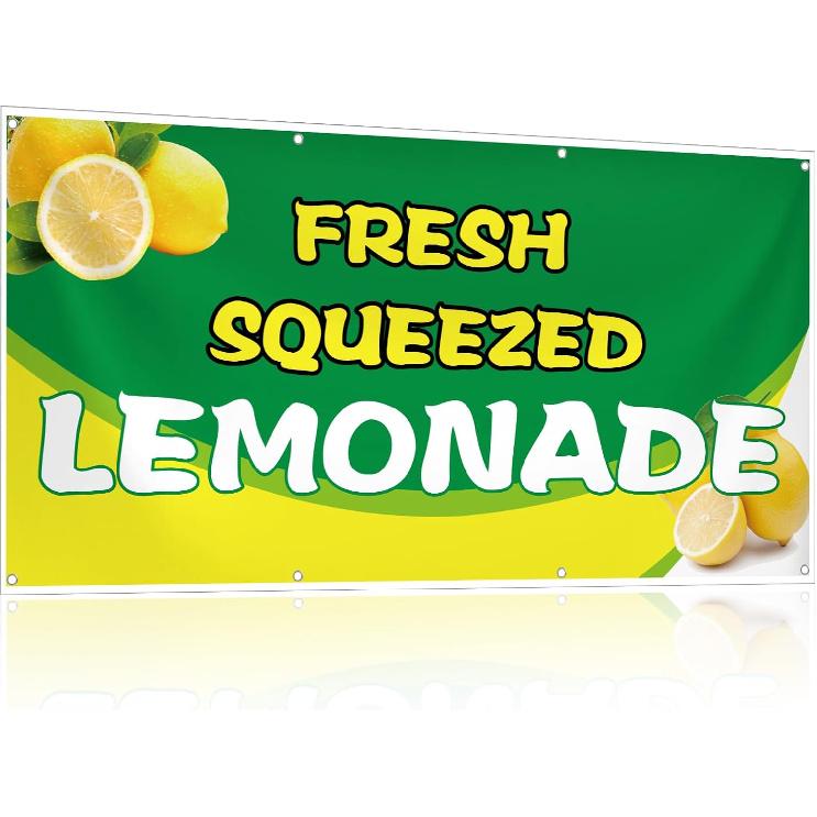 2 x 10 ft Lemonade Sign Vinyl Banner Fresh Squeezed Lemonade Stand Supplies Lemon Flag for Indoor Outdoor Business Restaurant Advertising Banner