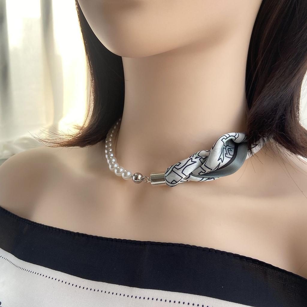 French Silk Scarf Necklace Imitation Pearl Clavicle Neck Magnetic Buckle Scarf