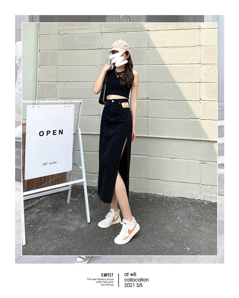 2021 Women's High Waist Slim Fit Denim Midi Skirt with Side Slit