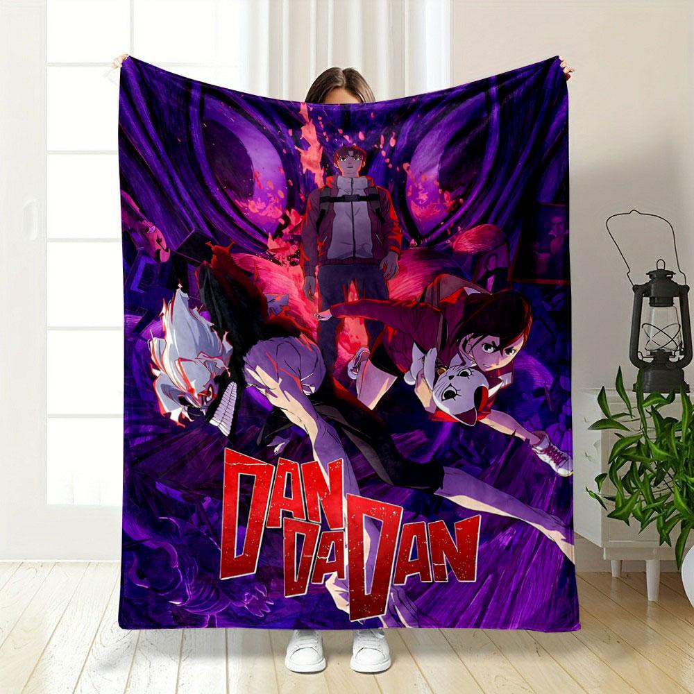 Dynamic characters facing a monstrous entity with intense purple hues. for all seasons blanket lunch break throw gift