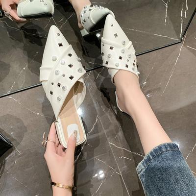 Модные темпераментные туфли с острым носком для женщин 2024 года, новые модные туфли на низком каблуке с заклепками для женщин, офисные женские туфли-слайды, сандалии