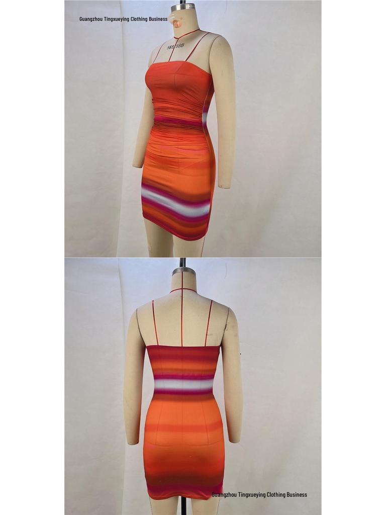 Европейское и американское женское платье без бретелек с радужным принтом и рюшами - Летняя одежда для ночного клуба