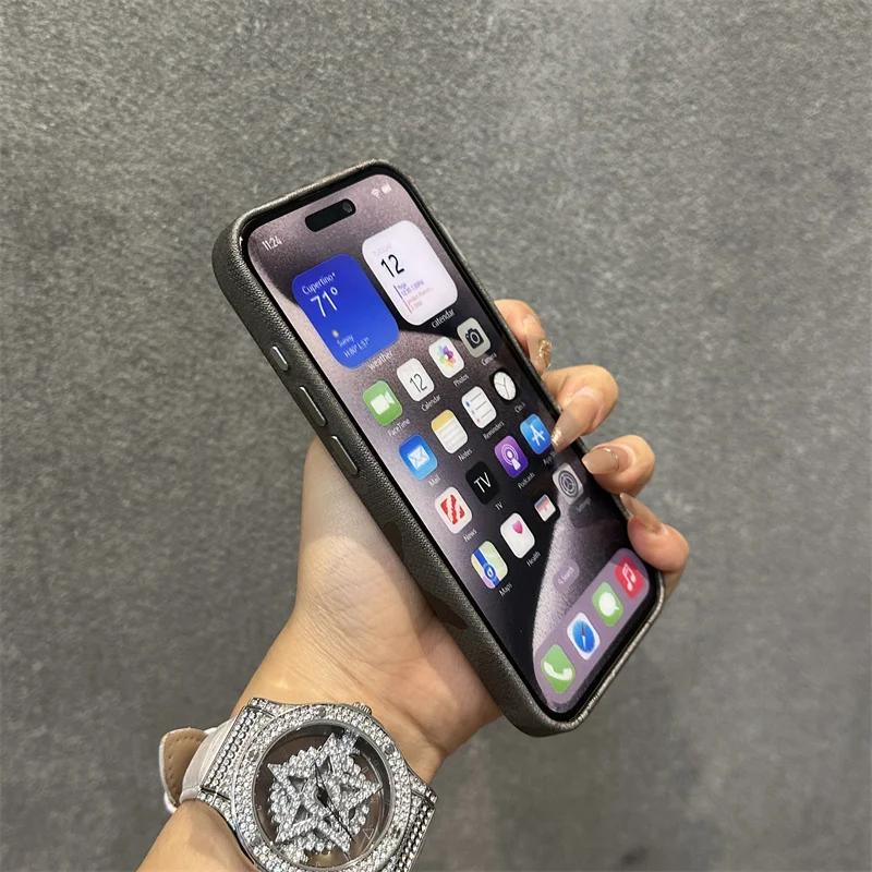 Камуфляжный кожаный чехол Magsafe для iPhone 13 14 15pro 12 13Pro 14pro max, матовый противоударный чехол с покрытием объектива, с беспроводной зарядкой