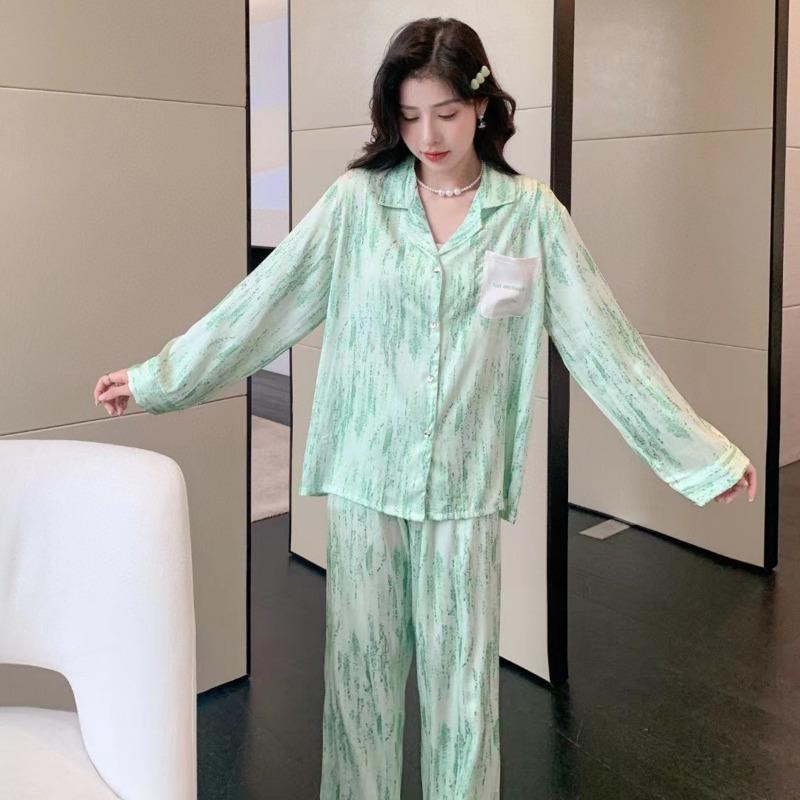 Пижама из ледяного шелка для женщин, для теплого сезона и осени, новый комплект, длинный рукав, кардиган, простой, чернила, домашняя одежда, набор пижам