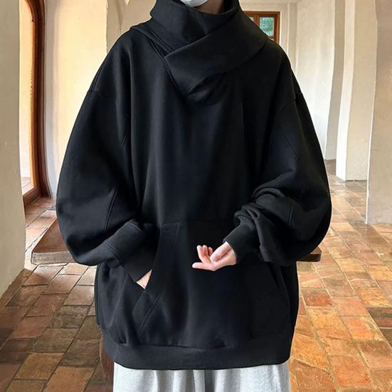 Fall Winter Men Hoodie Oversize Hooded Long Sleeves Pure Color Hip Hop High Collar Big Patch Pocket Elastic Cuff Mid Length Warm Top