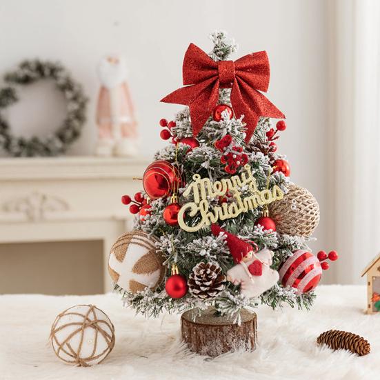 Yousheng Mini Christmas Tree with LED Light Pre-lit Small Artificial Snow Flocked Tree with Ball Ornaments for Xmas Tabletop Indoor Holiday Decor