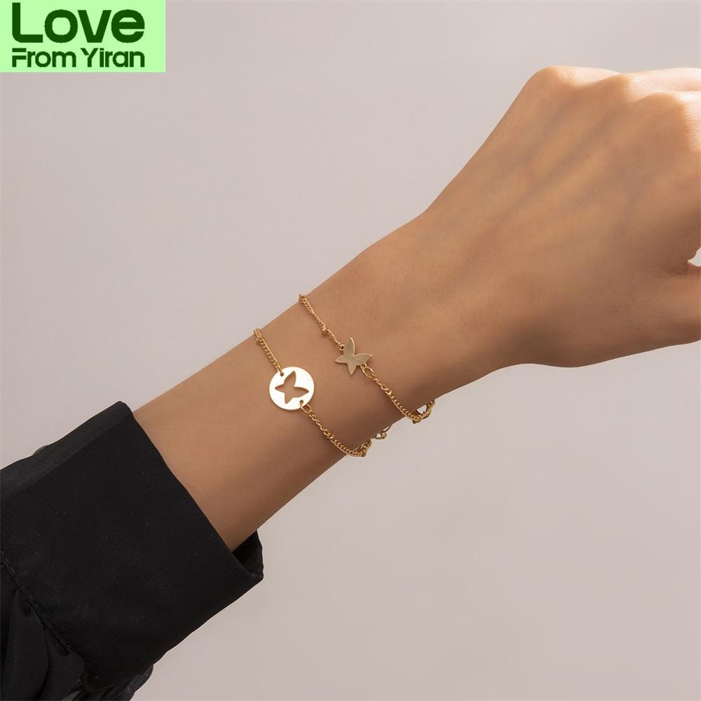Новые женские браслеты креативные бабочки звезды полые двойной браслет хип-хоп металл медь часть Европа Америка ювелирные изделия