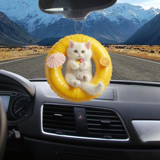 Кот, лежащий в плавательном круге, имеет яркое изображение, а стильный современный дизайн добавляет ощущение изысканности. Существуют различные способы подвешивания,