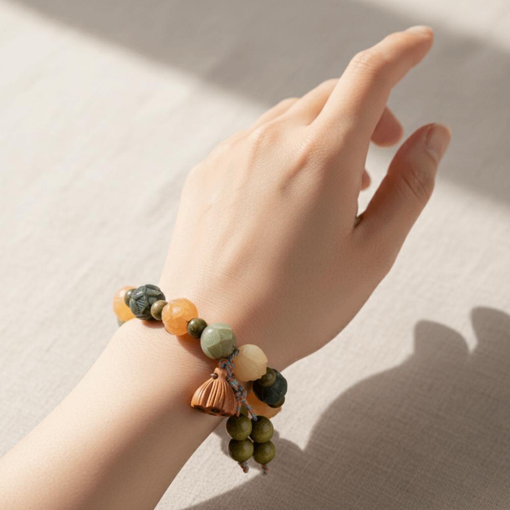 Lotus Charm Tibetan Buddha Bracelet Natural Resin Wooden Beads Bracelet  Yoga Practice