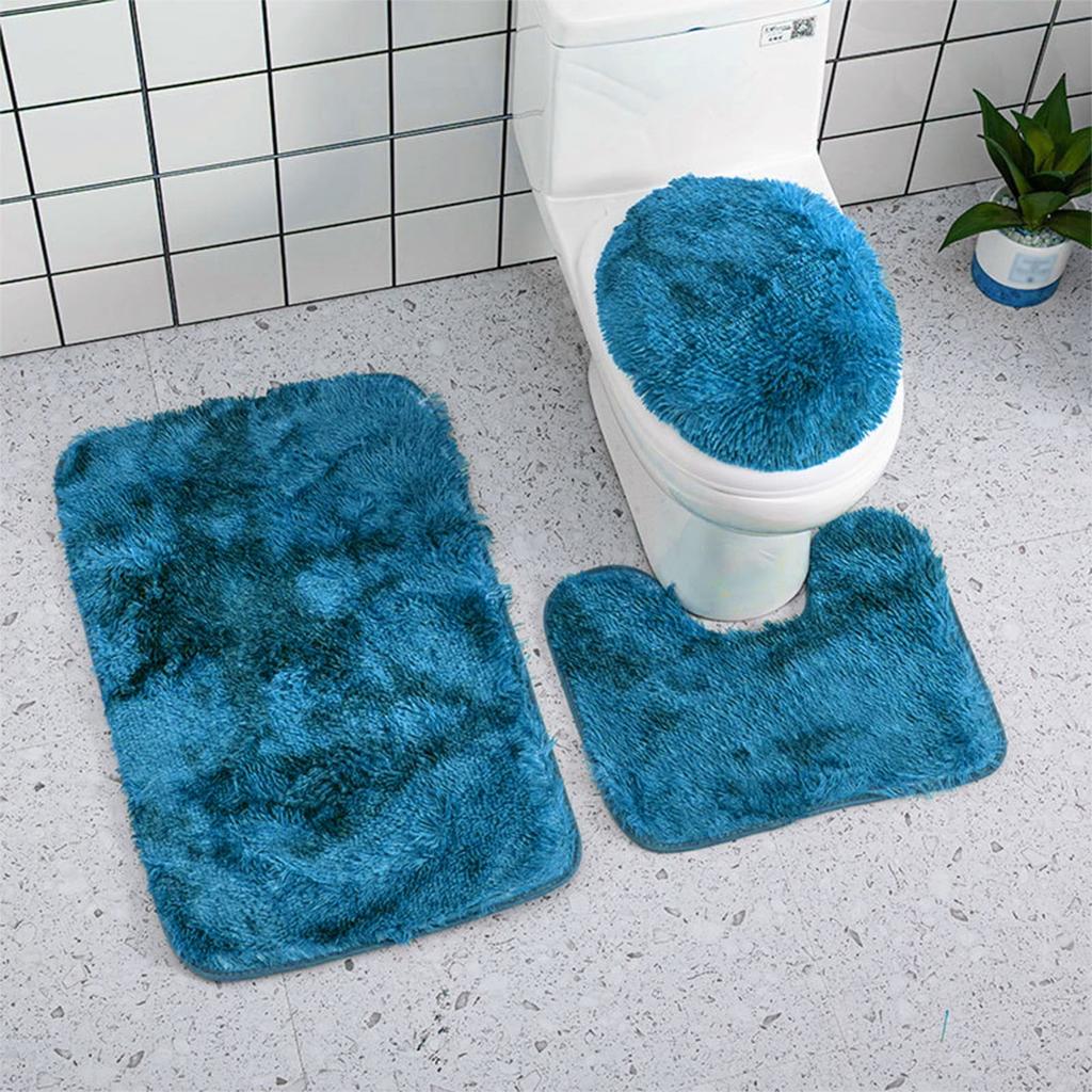 3pc Bathroom Set Rug Mat Toilet Lid Cover Plain Solid Color Bathmats