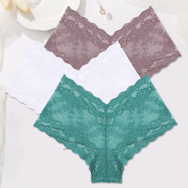 FINETOO Women Lace Boyshort Panties 3Pcs/set Low-Rise Underpants S-XL Ladies Floral Underwear Sexy Panties Comfortable Lingerie