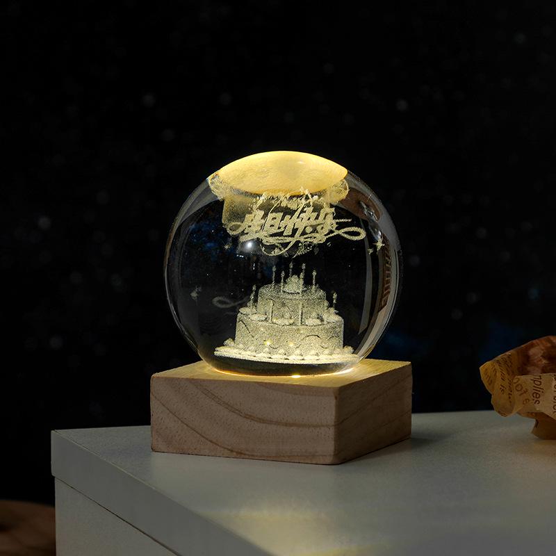 3D Solar System Crystal Ball Night Light with Wooden Base - Luminous Desktop Home Decor & Birthday Gift