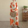 2025 Женское Весеннее Длинное Платье Большого Размера Свободное V-образный вырез Принт Винтажное Повседневное Цветочное Оверсайз Длинный рукав 5037