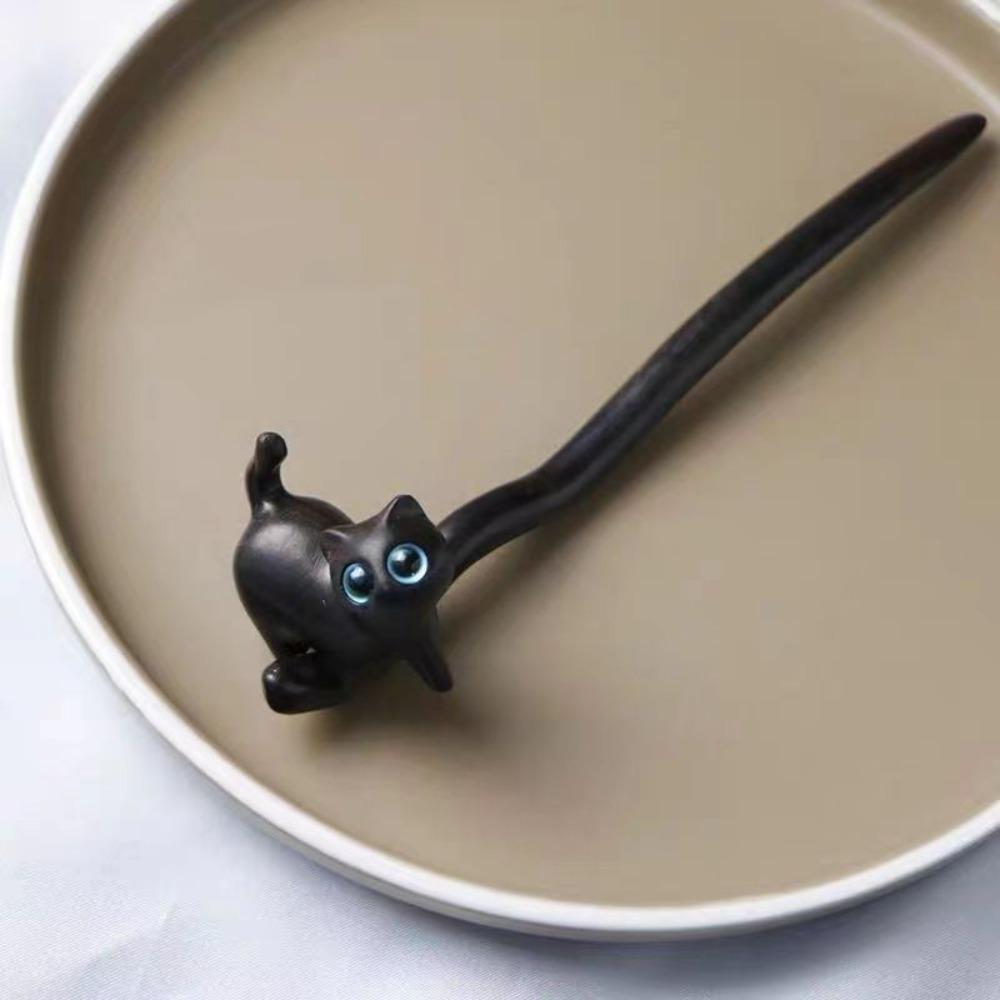 Vintage Sandalwood Cat Hairpin Wooden Blackwood Kitty Hair Stick Antique Boys/Girls