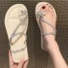 French Evening Breeze Slippers Women's Summer Wear New Floral Rhinestone Cool Slippers Flat Bottom High Sense One Word