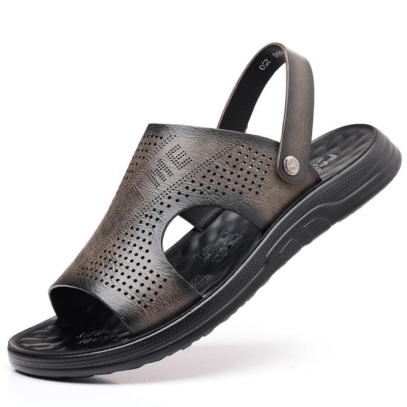Men's leather sandals men's summer waterproof and non-slip slippers breathable two wear beach shoes trendy thick-soled sandals wear-resistant