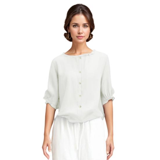 Women Shirt Round Neck Three-Quarter Sleeve Shirt Tops Solid Color Ruffle Trim Buttons Decor Loose Fit Blouse