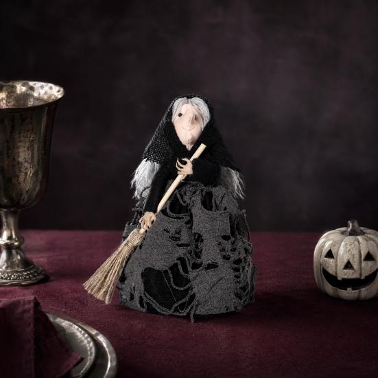 Halloween Kitchen Witch Doll Small Witch Statue with Broom Tabletop for Table