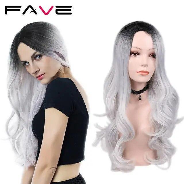 Long Wavy Wigs Ombre Gray To Watermelon Red Black Grey Purple Blue Brown Synthetic Hair For Black White Women Cosplay Party