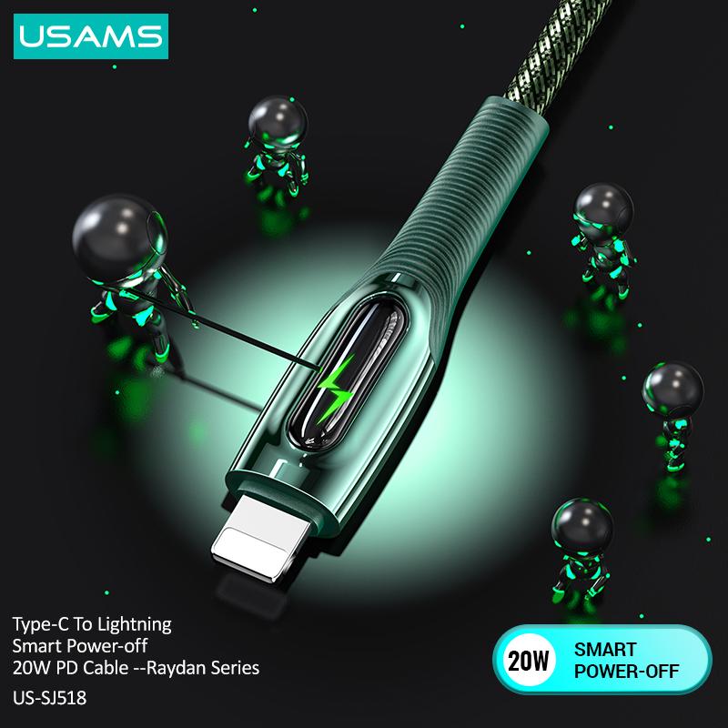 USAMS Кабель Type-C для Lightning Smart Power-Off, 20 Вт, PD, быстрая зарядка для iPhone 12, 11 Pro Max, кабель для ipad air mini, кабель для передачи данных