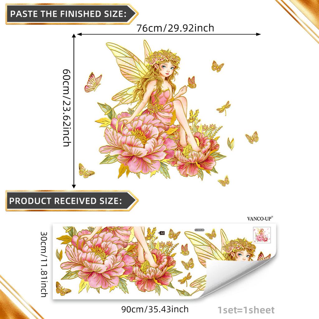 Tj13578 Hand-Painted Flower Fairy Bronzing On Flowers Wall Sticker Decoration Children'S Room Bedroom Background Self-Adhesive