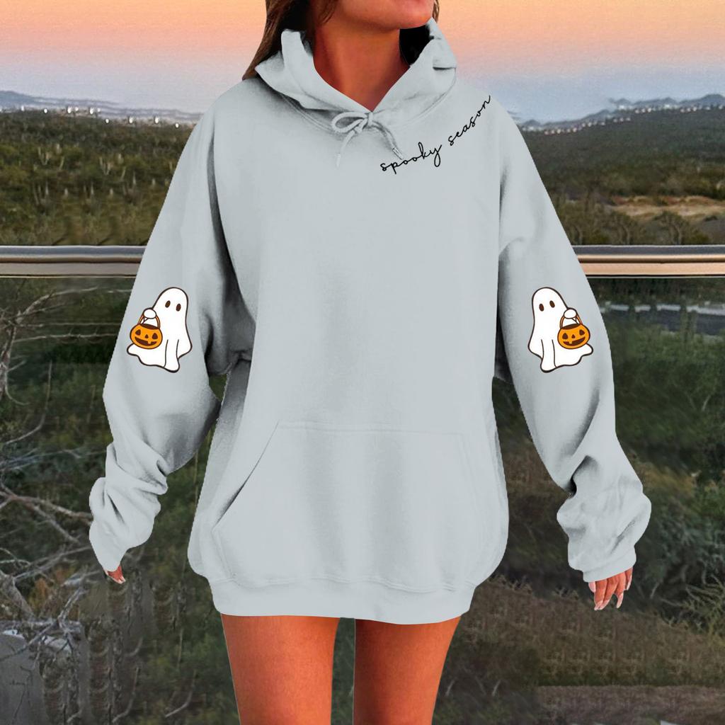 Женский однотонный пуловер с длинным рукавом, капюшоном и повседневным принтом на Хэллоуин