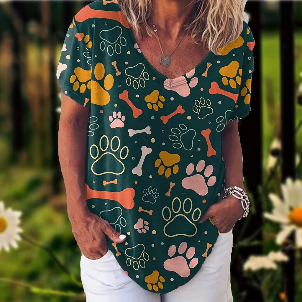 Женская футболка с принтом кошки для девочек, модная летняя футболка с коротким рукавом и v-образным вырезом, повседневный свободный топ, женская уличная рубашка большого размера